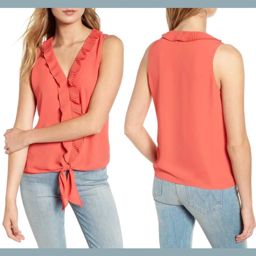 NWD Chelsea28 Ruffle Tie Front V-Neck Sleeveless Blouse Top in Cayennne